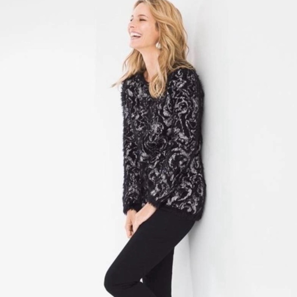Chico's Women’s Sweater Eyelash Trim Texture‎ Pullover Black White Size Medium 1